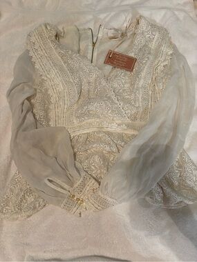 Chiccream Lace V-Neck Blouse with Sheer Sleeves